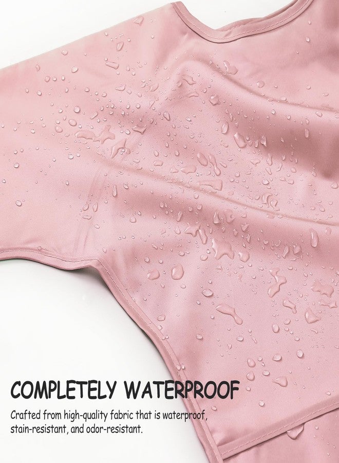 POIKSHARK 4 Pack Long Sleeve Bib, Waterproof Sleeved Smock for 6-30 Months Baby Boy or Girl, Reusable Bib with Catch-all Pocket - Pink - Image 3