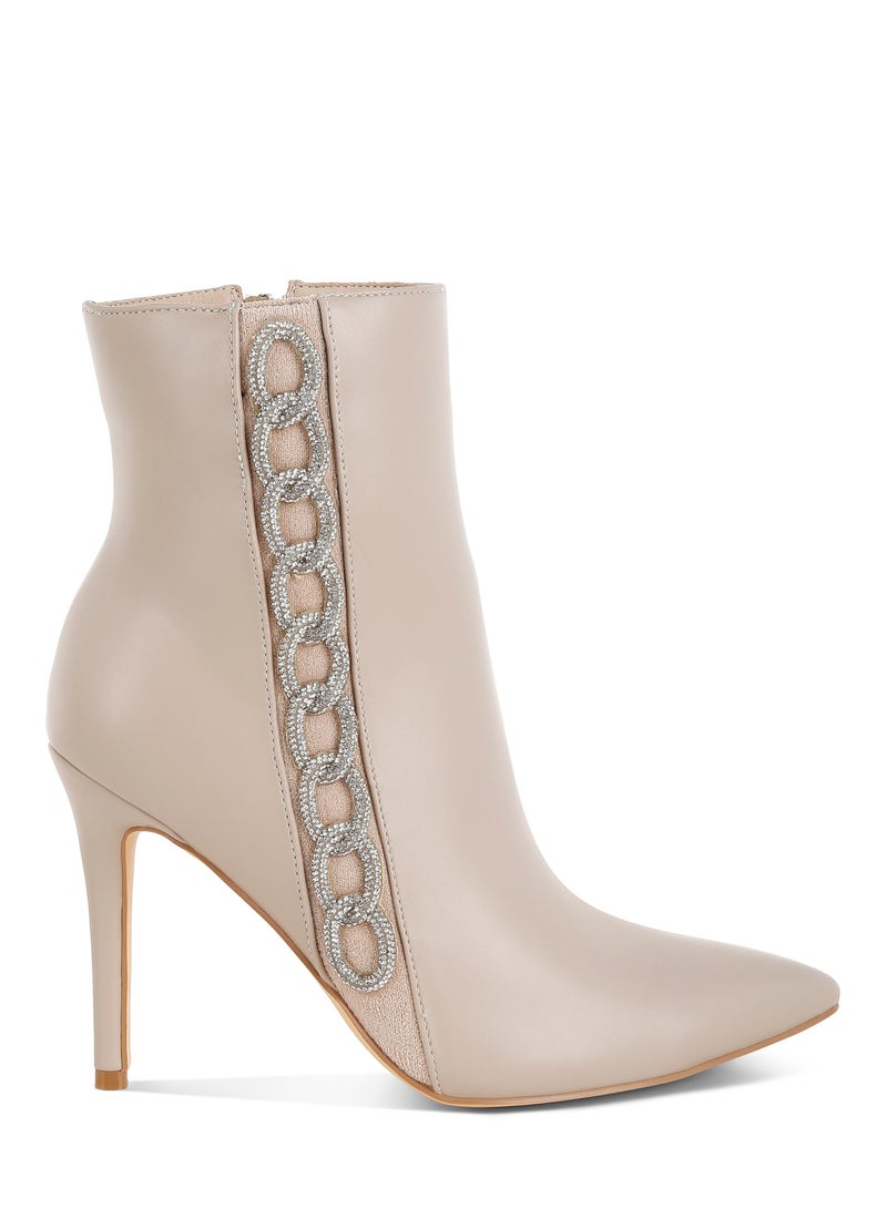 London Rag Rhinestones Chain Detail Boots in Beige - Image 1