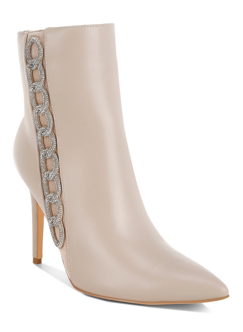 London Rag Rhinestones Chain Detail Boots in Beige - Image 2