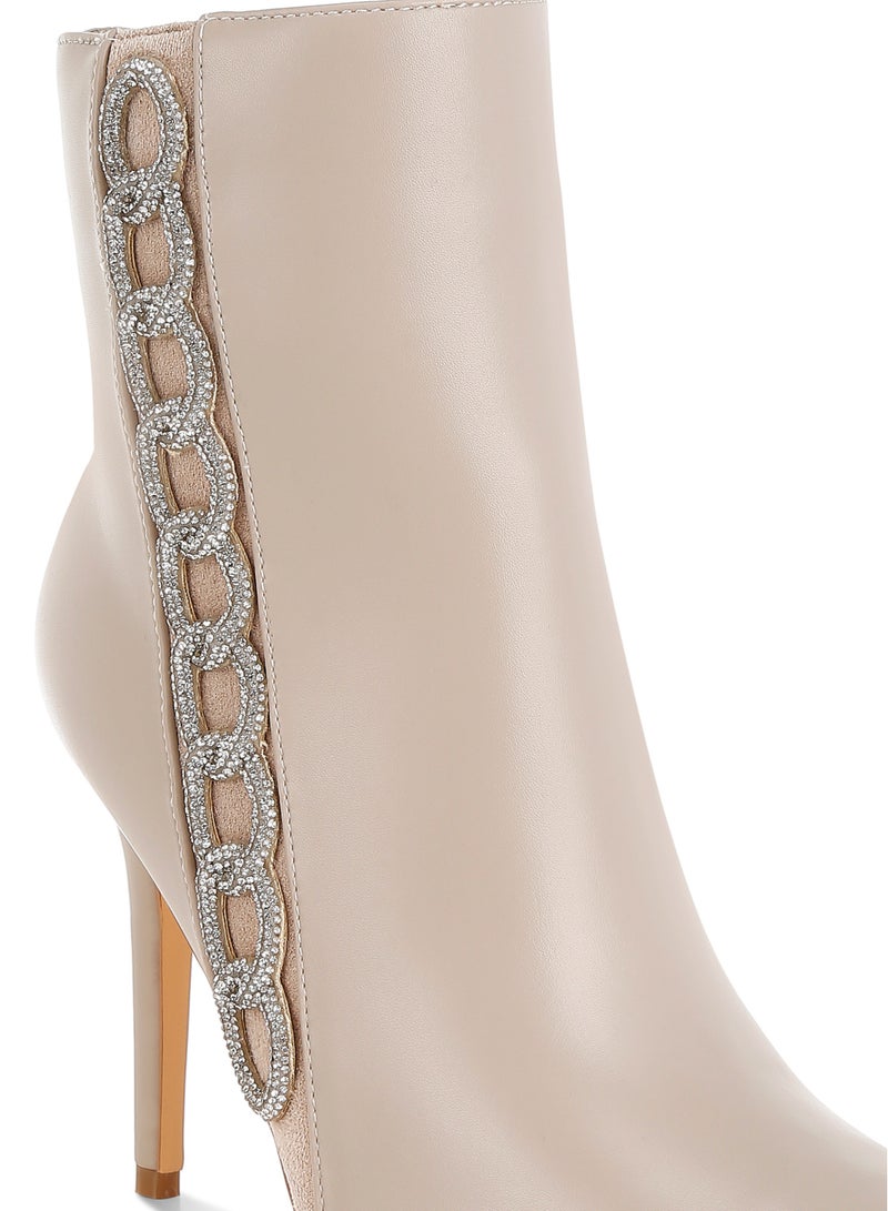 London Rag Rhinestones Chain Detail Boots in Beige - Image 5