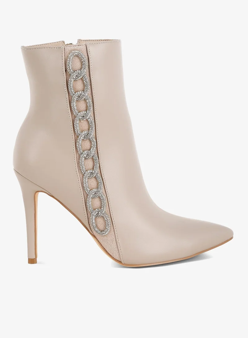 London Rag Rhinestones Chain Detail Boots in Beige