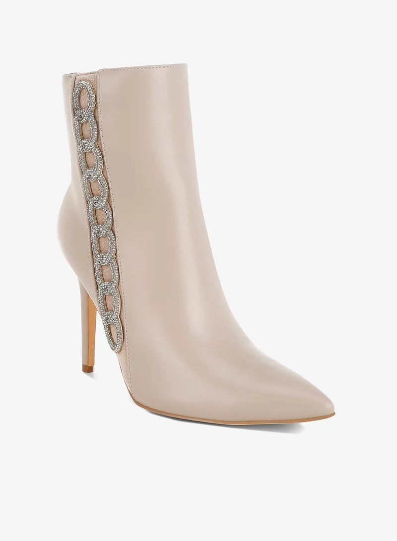 London Rag Rhinestones Chain Detail Boots in Beige