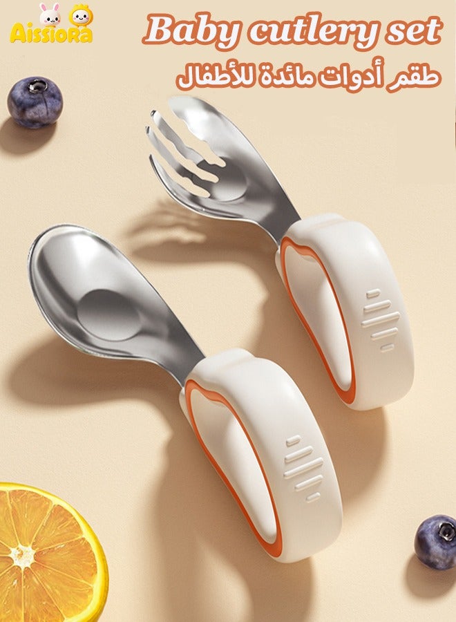 Baby Fork and Spoon Set, Baby cutlery set,316 stainless steel spoon,2Pcs Baby complementary food training spoon,Ring Silicone handle curved spoon,Easy grip  - Image 1