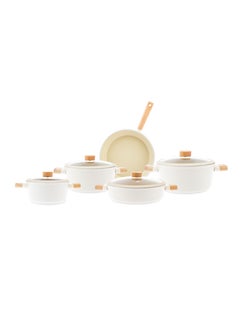 Homemaker 9-Pieces Swiss Crystal High Quality Ceramic Coating Non-Stick Cookware Set - Glass Lids With Protective Silicon Edge - Natural Wood Handles and Knobs - 3 Deep & 1 Low Casseroles - 1 Frypan - Beige  - Image 1