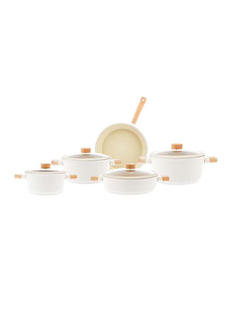 Homemaker 9-Pieces Swiss Crystal High Quality Ceramic Coating Non-Stick Cookware Set - Glass Lids With Protective Silicon Edge - Natural Wood Handles and Knobs - 3 Deep & 1 Low Casseroles - 1 Frypan - Beige  - Image 1
