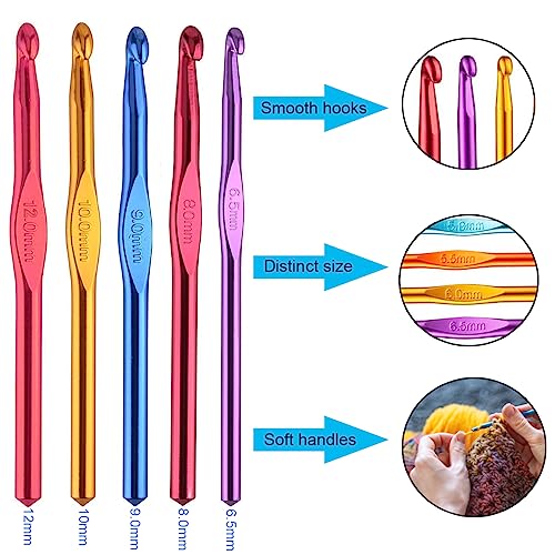 Weabetfu Large Size Aluminum Crochet Hook Set 6.5m(K)/8mm(L)/9mm(M)/10mm(N)/12mm(O) Knitting Needles Craft Weave Yarn Set - Mini Keychain Set Included - Image 2
