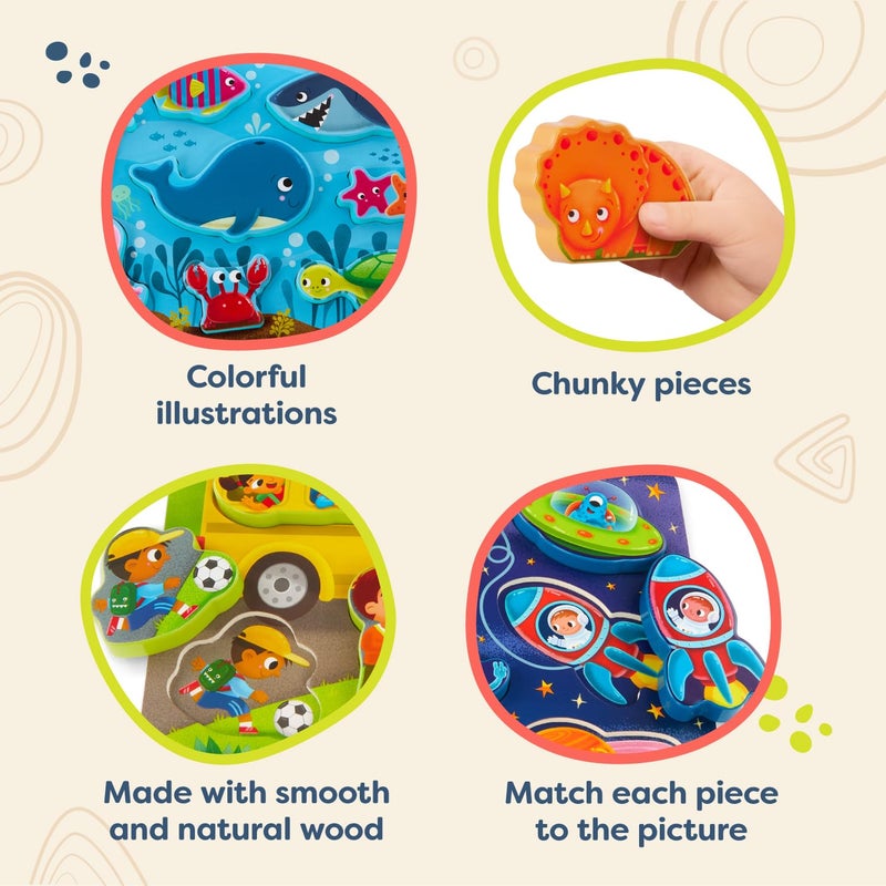 B. toys- Peek & Explore 4-Pack: Bus  Sea  Space  Dino- Chunky Puzzle 4-Pack - Wooden Puzzles - Sea  Space  Bus  Dinos - 8 Pieces Each - 2 Years + - Image 4