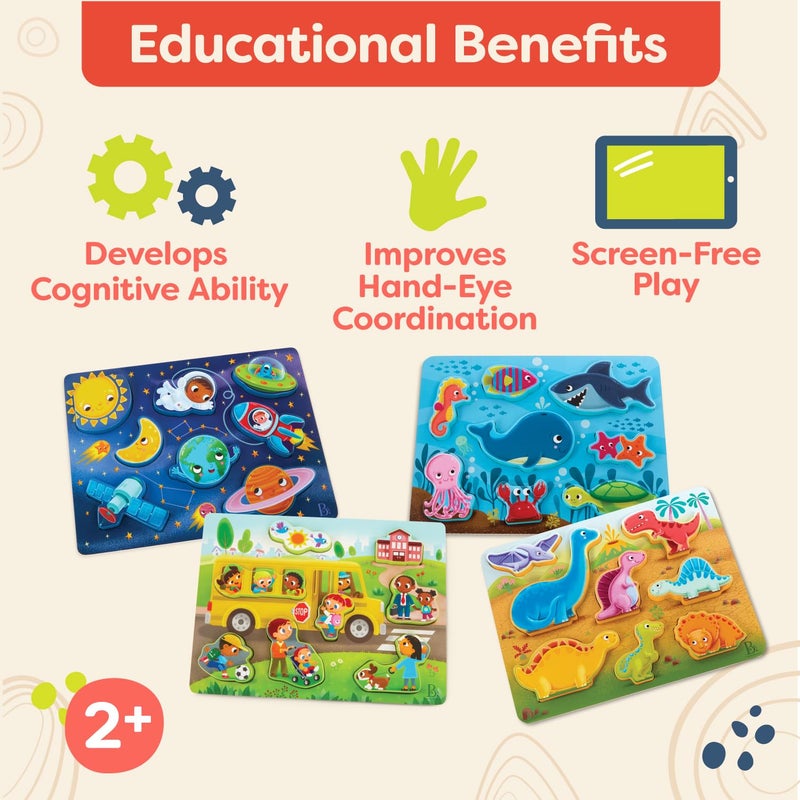 B. toys- Peek & Explore 4-Pack: Bus  Sea  Space  Dino- Chunky Puzzle 4-Pack - Wooden Puzzles - Sea  Space  Bus  Dinos - 8 Pieces Each - 2 Years + - Image 3