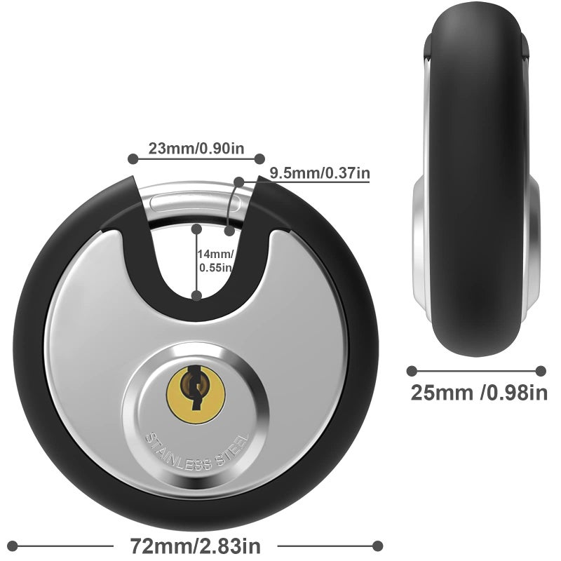 Diyife Key Padlock Outdoor, [Waterproof] [Anti Cut] 70mm Stainless Steel Disc Lock Heavy Duty Padlock Weatherproof with 9.5mm Shackle for Warehouse, Garage, Gate, Shed, Fence (2 Keys, Black) - Image 2
