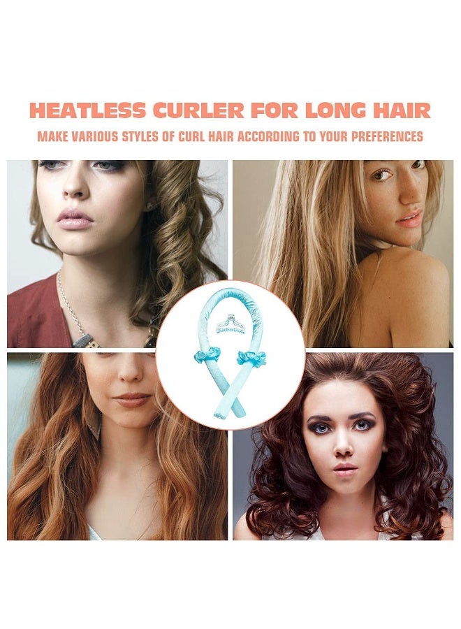 4 Piece Heatless Curling Rod Headband No Heat Silk Ribbon Curling Rod Hair Roller Curls with Hair Claw Clip Lazy Natural Soft Wave DIY Hair Rollers Styling Tool for Sleep in Overnight (Blue) - Image 2