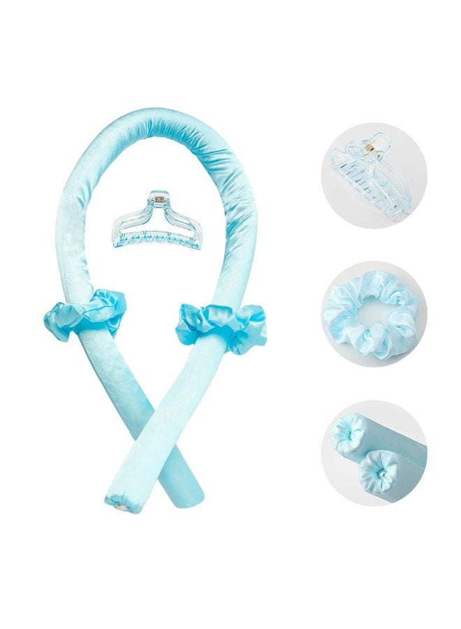 4 Piece Heatless Curling Rod Headband No Heat Silk Ribbon Curling Rod Hair Roller Curls with Hair Claw Clip Lazy Natural Soft Wave DIY Hair Rollers Styling Tool for Sleep in Overnight (Blue) - Image 1