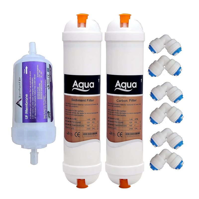 AQUALIQUID RO Aqua Carbon Filter Sediment Filter 4 inch UF Membrane Filter Original Hollow Fiber 0001 Micron 6 pcs Push fit Elbow Suitable for RO Water Purifier Solid Filter Cartridge - Image 1