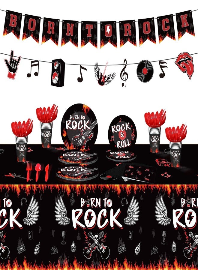 Yaomiao 172 Pcs Rock Theme Party Supplies Born to Rock Banner Music Note Garland Music Party Tableware Set Included Plates Napkins Cups Tablecloth Birthday Decorations - Image 1