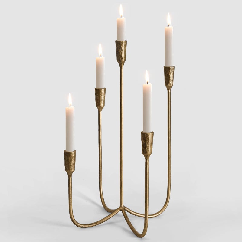 SUJUN 5-Candle Cast Iron Metal Candelabra Candlestick Holders 15 inch Tall Candle Holder Wedding Event Candelabra Candle Stand Brass Gold - Image 1