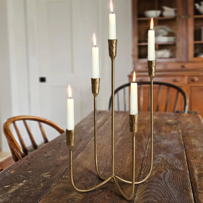 SUJUN 5-Candle Cast Iron Metal Candelabra Candlestick Holders 15 inch Tall Candle Holder Wedding Event Candelabra Candle Stand Brass Gold - Image 3