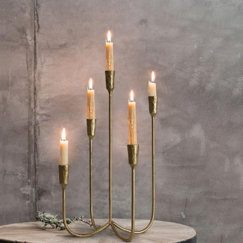 SUJUN 5-Candle Cast Iron Metal Candelabra Candlestick Holders 15 inch Tall Candle Holder Wedding Event Candelabra Candle Stand Brass Gold - Image 5