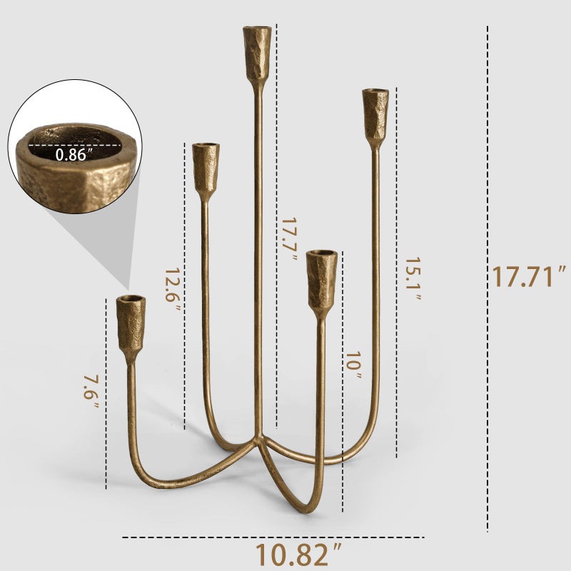 SUJUN 5-Candle Cast Iron Metal Candelabra Candlestick Holders 15 inch Tall Candle Holder Wedding Event Candelabra Candle Stand Brass Gold - Image 2