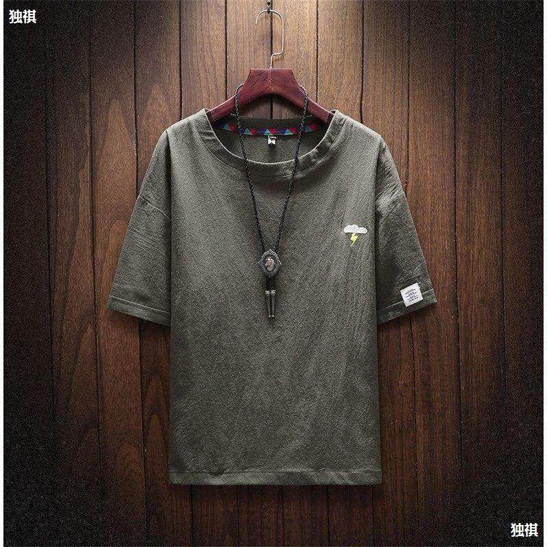 Cotton Linen T-Shirt Men'S Short-Sleeved Embroidered Japanese Vintage Thin Extras Large Size Loose Half-Sleeved Linen Round Neck Top - Image 4