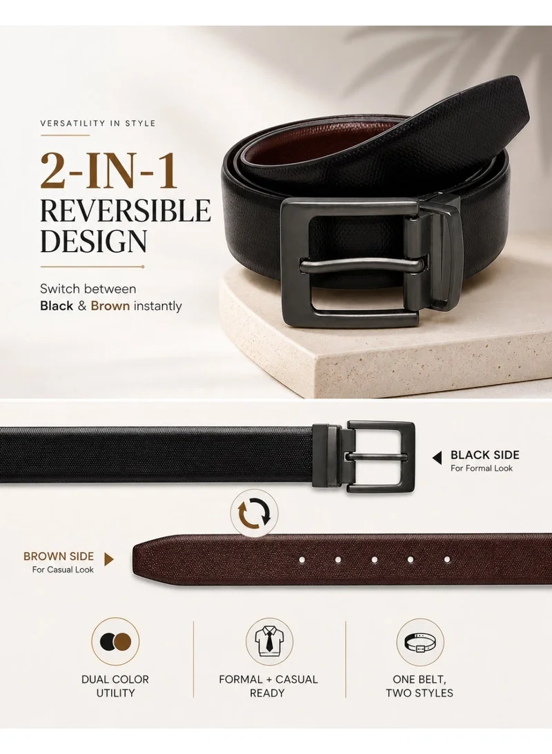 TEAKWOOD Teakwood Genuine Leather Reversible Belt for Men | Black & Brown Dual Color | Formal & Casual Belt | Rotating Pin Buckle | Adjustable Size | Durable Premium Finish | Ideal for Office & Daily Wear