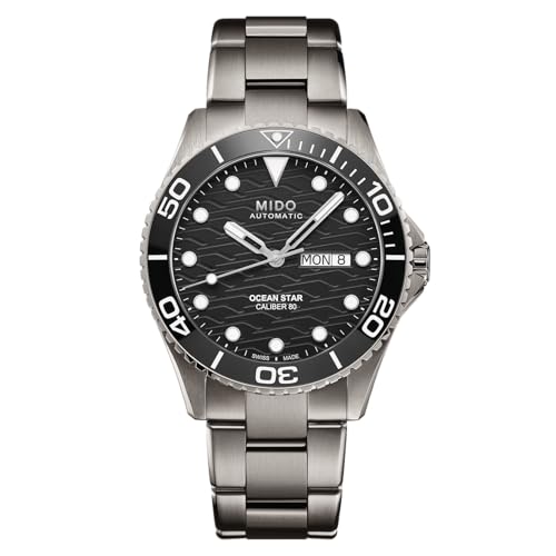 MIDO Ocean Star 200C Titanium - Swiss Automatic Diving Watch for Men - 42.5mm Stainless Steel Case - Rotating Ceramic Bezel - Black Wave-Design Dial with Day,Date Calendar - Stainless Steel Bracelet - M0424304405100 - Image 1