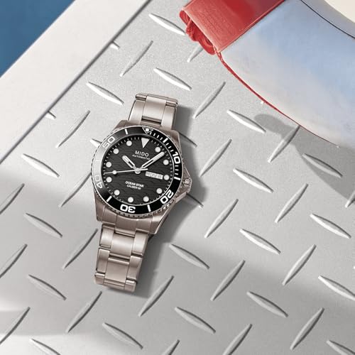 MIDO Ocean Star 200C Titanium - Swiss Automatic Diving Watch for Men - 42.5mm Stainless Steel Case - Rotating Ceramic Bezel - Black Wave-Design Dial with Day,Date Calendar - Stainless Steel Bracelet - M0424304405100 - Image 4