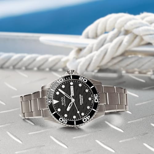 MIDO Ocean Star 200C Titanium - Swiss Automatic Diving Watch for Men - 42.5mm Stainless Steel Case - Rotating Ceramic Bezel - Black Wave-Design Dial with Day,Date Calendar - Stainless Steel Bracelet - M0424304405100 - Image 5
