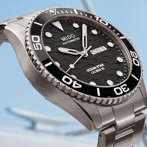 MIDO Ocean Star 200C Titanium - Swiss Automatic Diving Watch for Men - 42.5mm Stainless Steel Case - Rotating Ceramic Bezel - Black Wave-Design Dial with Day,Date Calendar - Stainless Steel Bracelet - M0424304405100 - Image 3