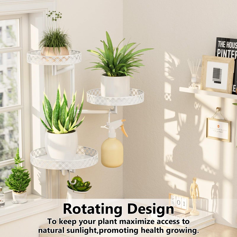 OVICAR Rotating Window Plant Shelves - Indoor Wall Plant Stand 3-Tier Floral Metal Window Shelf Holder for Multiple Plants with Hanging Hooks Home Decor White - Image 4