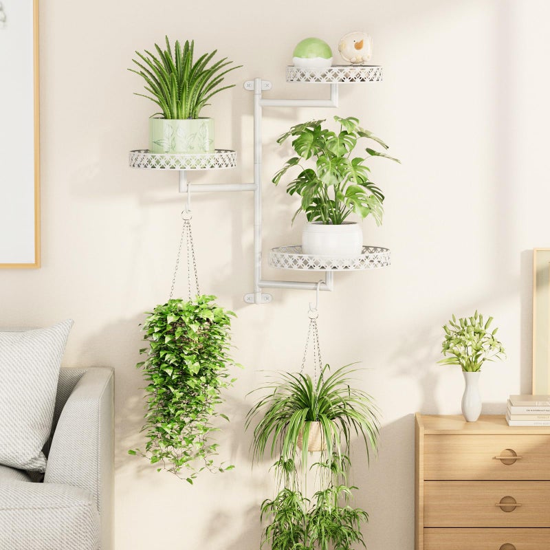OVICAR Rotating Window Plant Shelves - Indoor Wall Plant Stand 3-Tier Floral Metal Window Shelf Holder for Multiple Plants with Hanging Hooks Home Decor White - Image 5