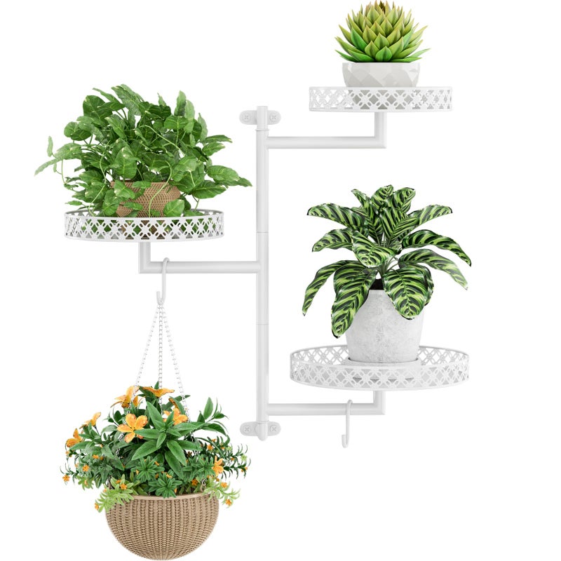 OVICAR Rotating Window Plant Shelves - Indoor Wall Plant Stand 3-Tier Floral Metal Window Shelf Holder for Multiple Plants with Hanging Hooks Home Decor White - Image 1