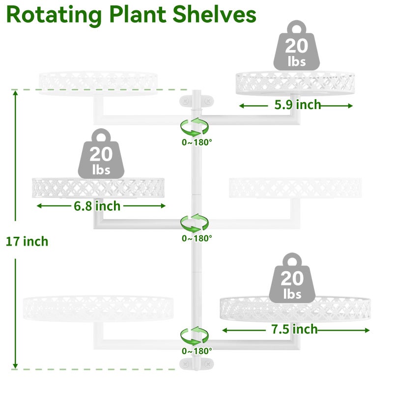 OVICAR Rotating Window Plant Shelves - Indoor Wall Plant Stand 3-Tier Floral Metal Window Shelf Holder for Multiple Plants with Hanging Hooks Home Decor White - Image 3