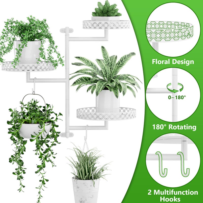 OVICAR Rotating Window Plant Shelves - Indoor Wall Plant Stand 3-Tier Floral Metal Window Shelf Holder for Multiple Plants with Hanging Hooks Home Decor White - Image 2