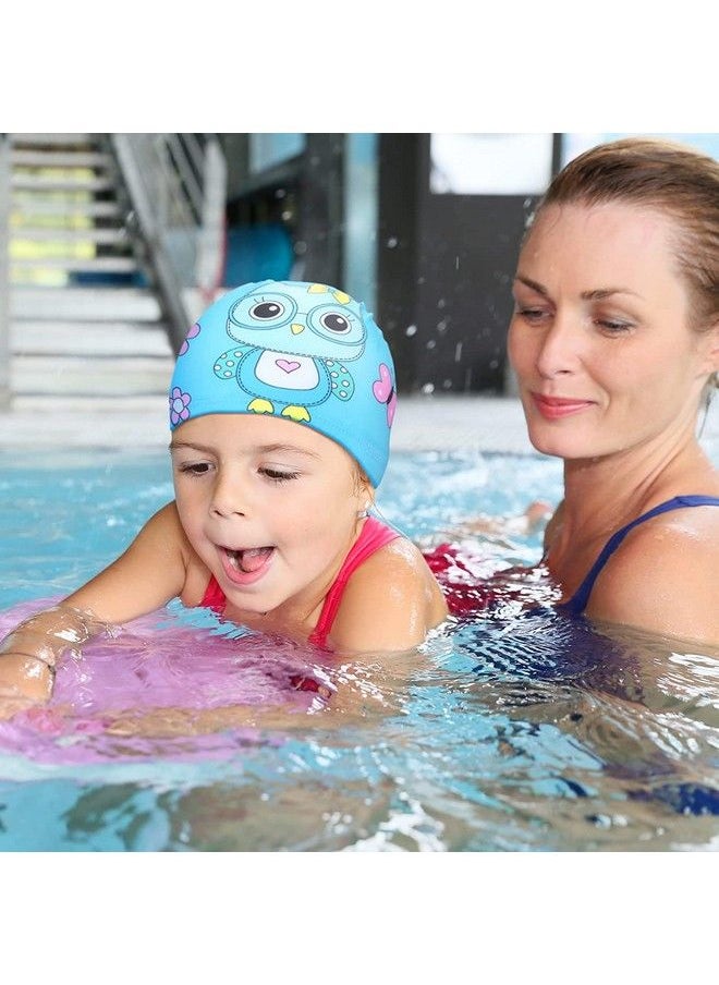 El Regalo 2 Pcs Swim Cap Kids Toddlers Comfortable Breathable Polyester Fabric Swimming Caps Cute Cartoon Dolphin Shark Owl Mermaid Fairy Unicorn Giraffe Swim Caps (Dinosaur & Blue Owl)  - Image 4