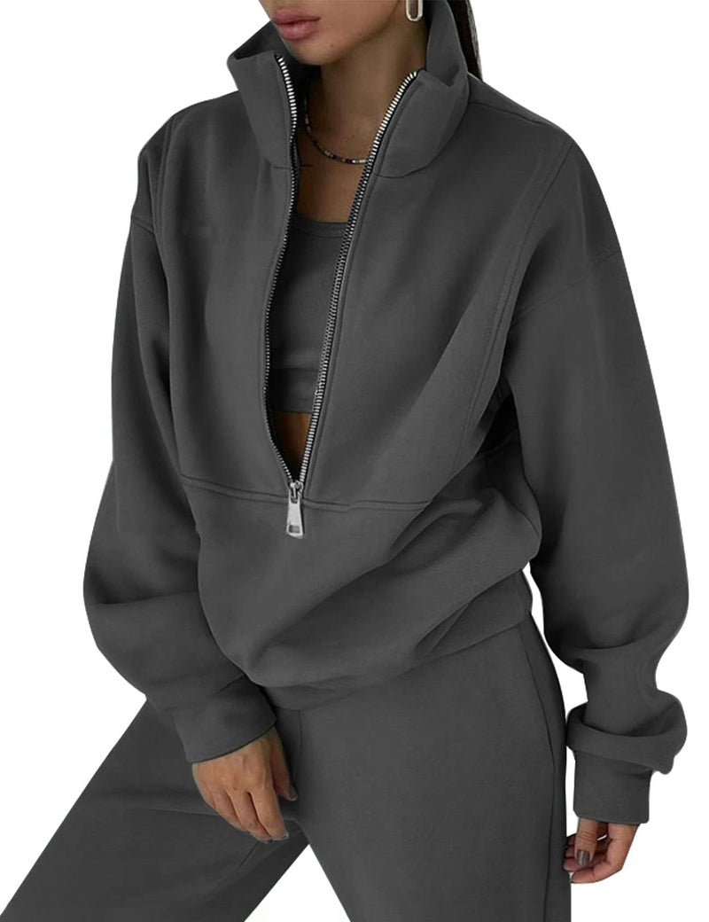 Eisctnd Womens Fleece 2 Piece Sweatsuit Lounge Set Long Sleeve Sweatshirt Jogger Pants Tracksuit Sweatsuit 2024 Fall Sets(DarkGrey-S) - Image 1
