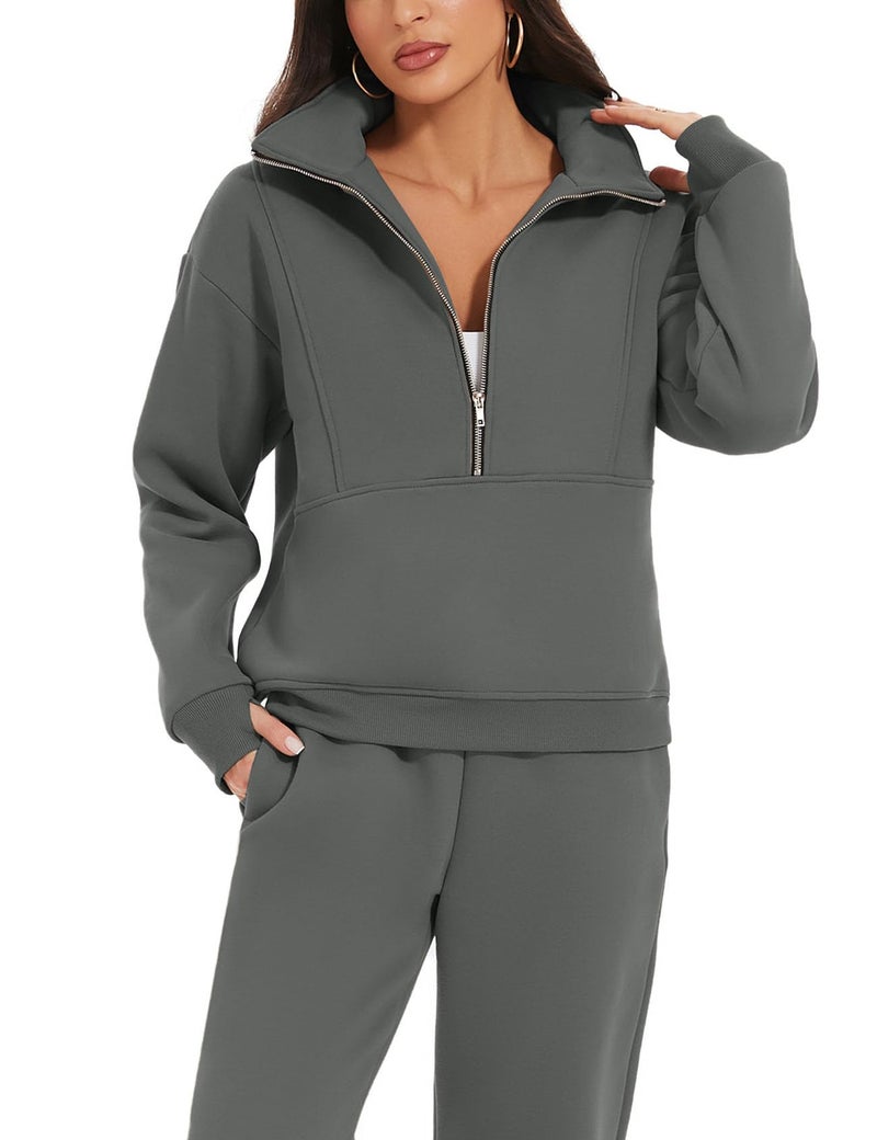 Eisctnd Womens Fleece 2 Piece Sweatsuit Lounge Set Long Sleeve Sweatshirt Jogger Pants Tracksuit Sweatsuit 2024 Fall Sets(DarkGrey-S) - Image 3