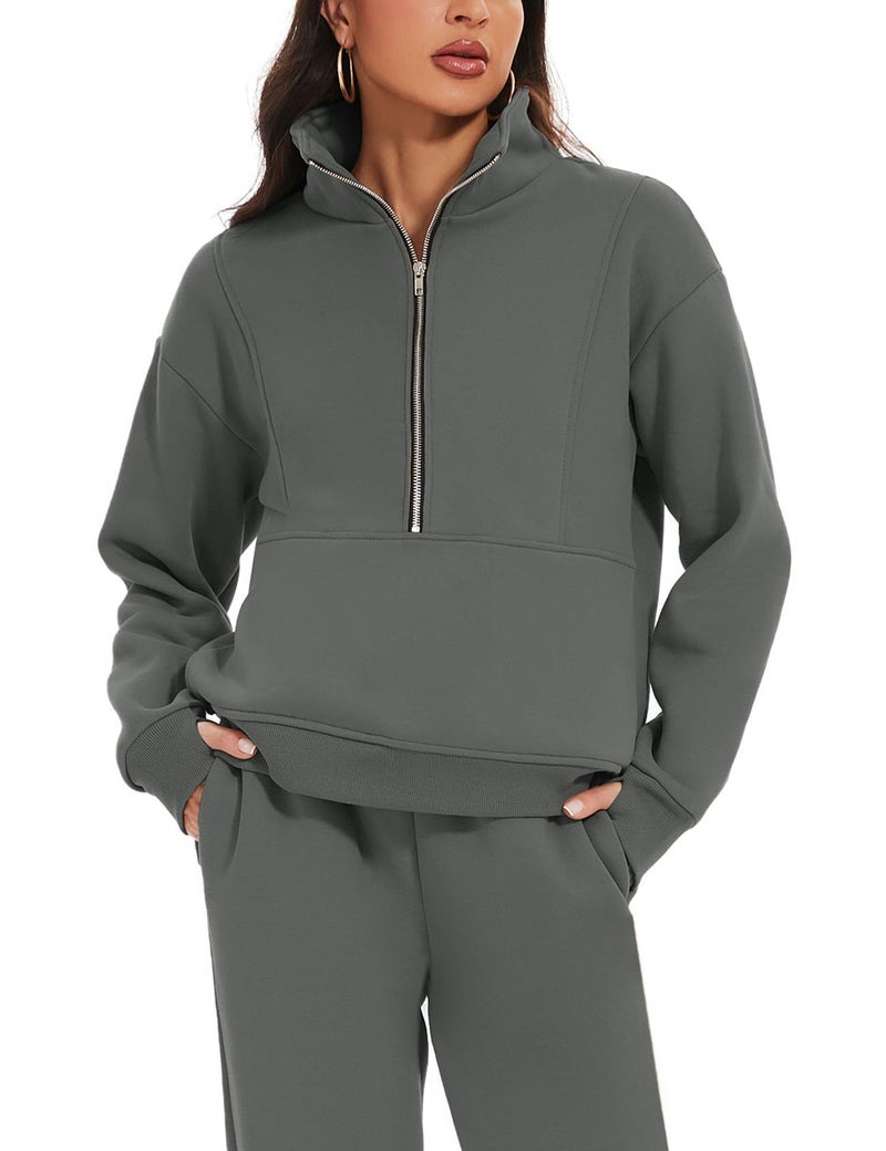 Eisctnd Womens Fleece 2 Piece Sweatsuit Lounge Set Long Sleeve Sweatshirt Jogger Pants Tracksuit Sweatsuit 2024 Fall Sets(DarkGrey-S) - Image 2