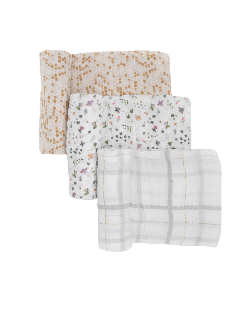 little unicorn - Cotton Muslin Swaddle 3 Pack Set Garden Bees Set - Image 1