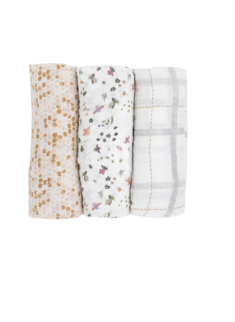 little unicorn - Cotton Muslin Swaddle 3 Pack Set Garden Bees Set - Image 1