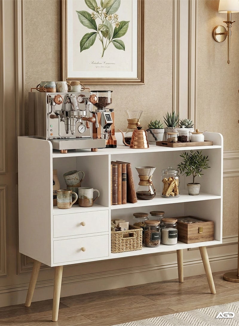 AGD Coffee Corner with Storage, Modern Side Buffet Storage Cabinet with Drawer with Removable Space Divider, Decorative Center Table for Home, 100 x 35 x 90cm, Wood, White - Image 2