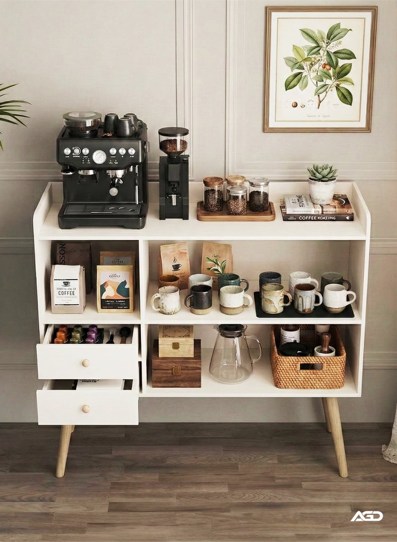 AGD Coffee Corner with Storage, Modern Side Buffet Storage Cabinet with Drawer with Removable Space Divider, Decorative Center Table for Home, 100 x 35 x 90cm, Wood, White - Image 4