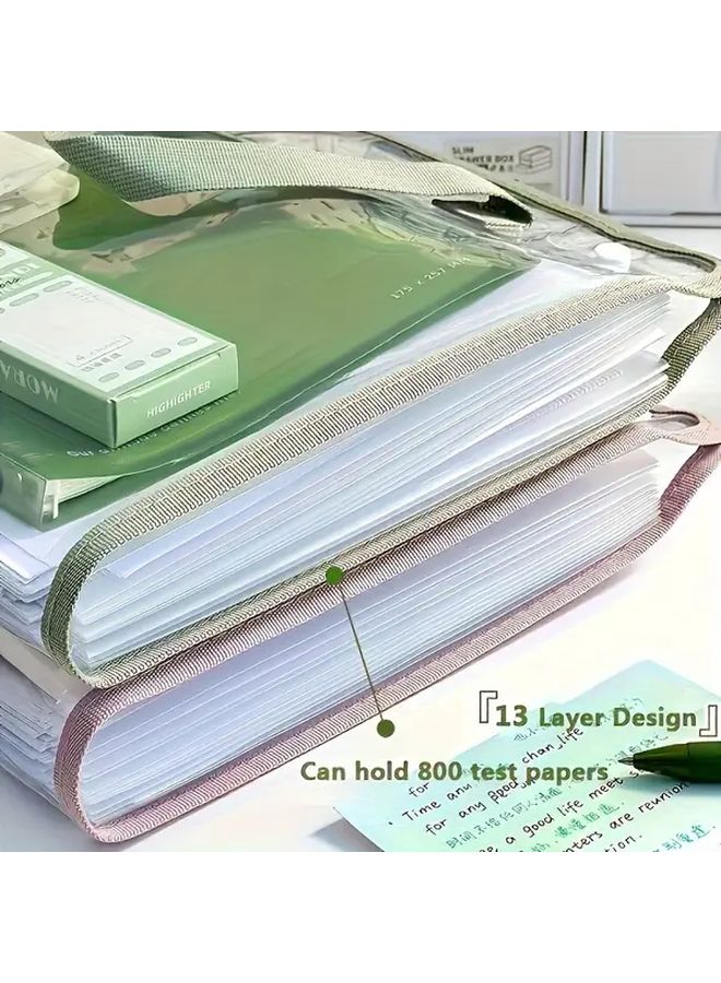 13 Pocket Expanding File Organizer Green Durable PVC Waterproof Portable A4 Folder Handheld Design For Students Office Home Storage - Image 1