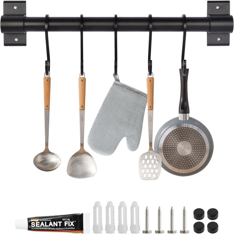 YILANJIN Hanging Rail Rack for Kitchen Utensil, Kitchen Utensil Rack with 5 Hooks, Wall Mounted Kitchen Utensil Hanging Rack Organizer, Kitchen Utensil Rack Black for Kitchen & Bathroom - Image 1