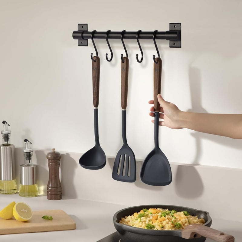 YILANJIN Hanging Rail Rack for Kitchen Utensil, Kitchen Utensil Rack with 5 Hooks, Wall Mounted Kitchen Utensil Hanging Rack Organizer, Kitchen Utensil Rack Black for Kitchen & Bathroom - Image 5