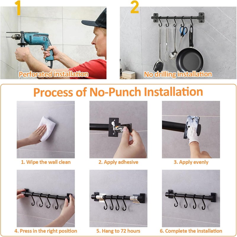 YILANJIN Hanging Rail Rack for Kitchen Utensil, Kitchen Utensil Rack with 5 Hooks, Wall Mounted Kitchen Utensil Hanging Rack Organizer, Kitchen Utensil Rack Black for Kitchen & Bathroom - Image 4