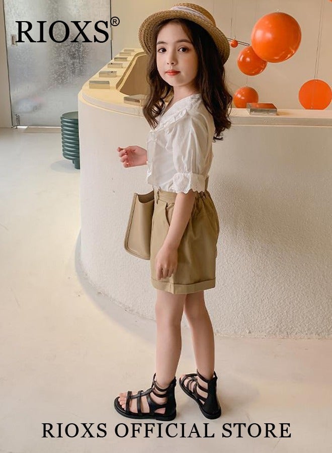 RIOXS Girls' Sandals, Fashion Hollow Back Zipper High-Top Gladiator Sandals, Breathable Leather Roman Shoes, Little Girls Round Open Toe Flats, Casual Princess Sandals, Beach Vacation Sandals, Comfort Walking Sandals for Date School Daily Wear - Image 3
