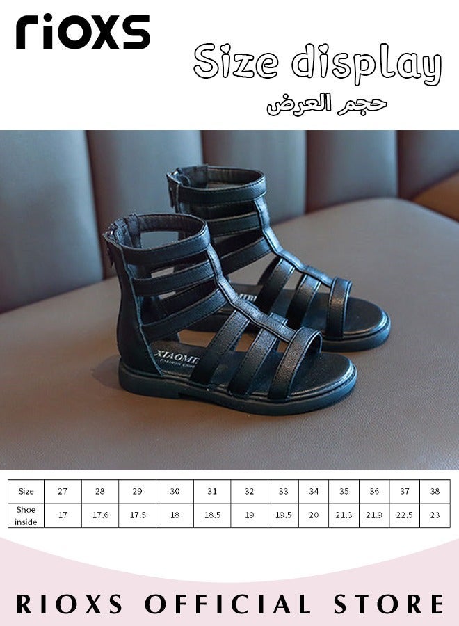 RIOXS Girls' Sandals, Fashion Hollow Back Zipper High-Top Gladiator Sandals, Breathable Leather Roman Shoes, Little Girls Round Open Toe Flats, Casual Princess Sandals, Beach Vacation Sandals, Comfort Walking Sandals for Date School Daily Wear - Image 5