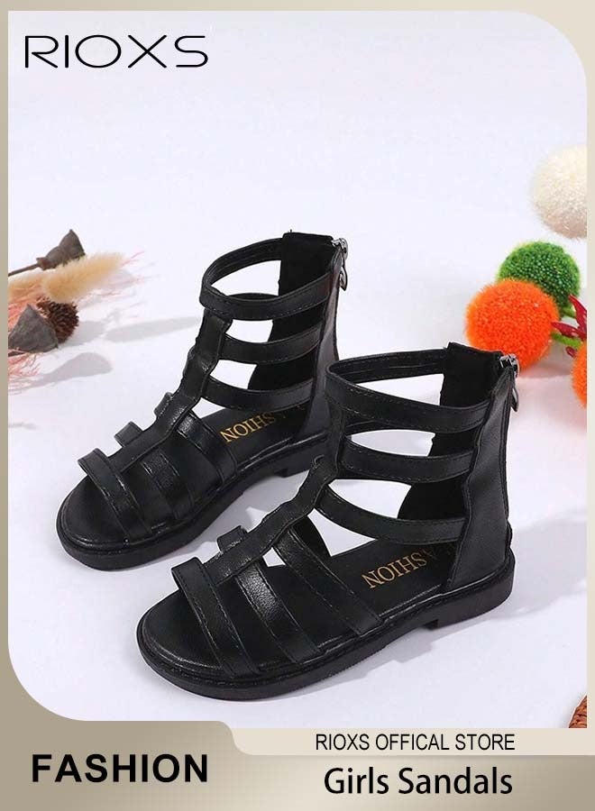 RIOXS Girls' Sandals, Fashion Hollow Back Zipper High-Top Gladiator Sandals, Breathable Leather Roman Shoes, Little Girls Round Open Toe Flats, Casual Princess Sandals, Beach Vacation Sandals, Comfort Walking Sandals for Date School Daily Wear - Image 2