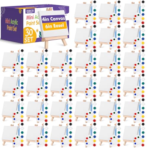 ESRICH 30 Pack Mini Acrylic Paint Kit,Canvas Painting Kit,4in Stretched Canva with 6in Easel,Acrylic Paint Strips,Palettes,Painting Brushes,Canva and Easel Set for Kids Artists Beginner,Gift - Image 1