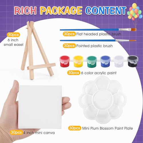 ESRICH 30 Pack Mini Acrylic Paint Kit,Canvas Painting Kit,4in Stretched Canva with 6in Easel,Acrylic Paint Strips,Palettes,Painting Brushes,Canva and Easel Set for Kids Artists Beginner,Gift - Image 2
