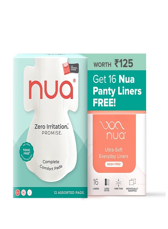 Nua Complete Comfort Sanitary Pads Combo | 12 Pads for Day (3XL+, 5XL, 4L) + 16 Free Panty Liners | Zero Irritation | 4x Comfort Ultra-Thin & Breathable | 100% Toxin-Free | Disposal Covers Included | Liners for Discharge, Spotting & Tampon Backup - Image 1
